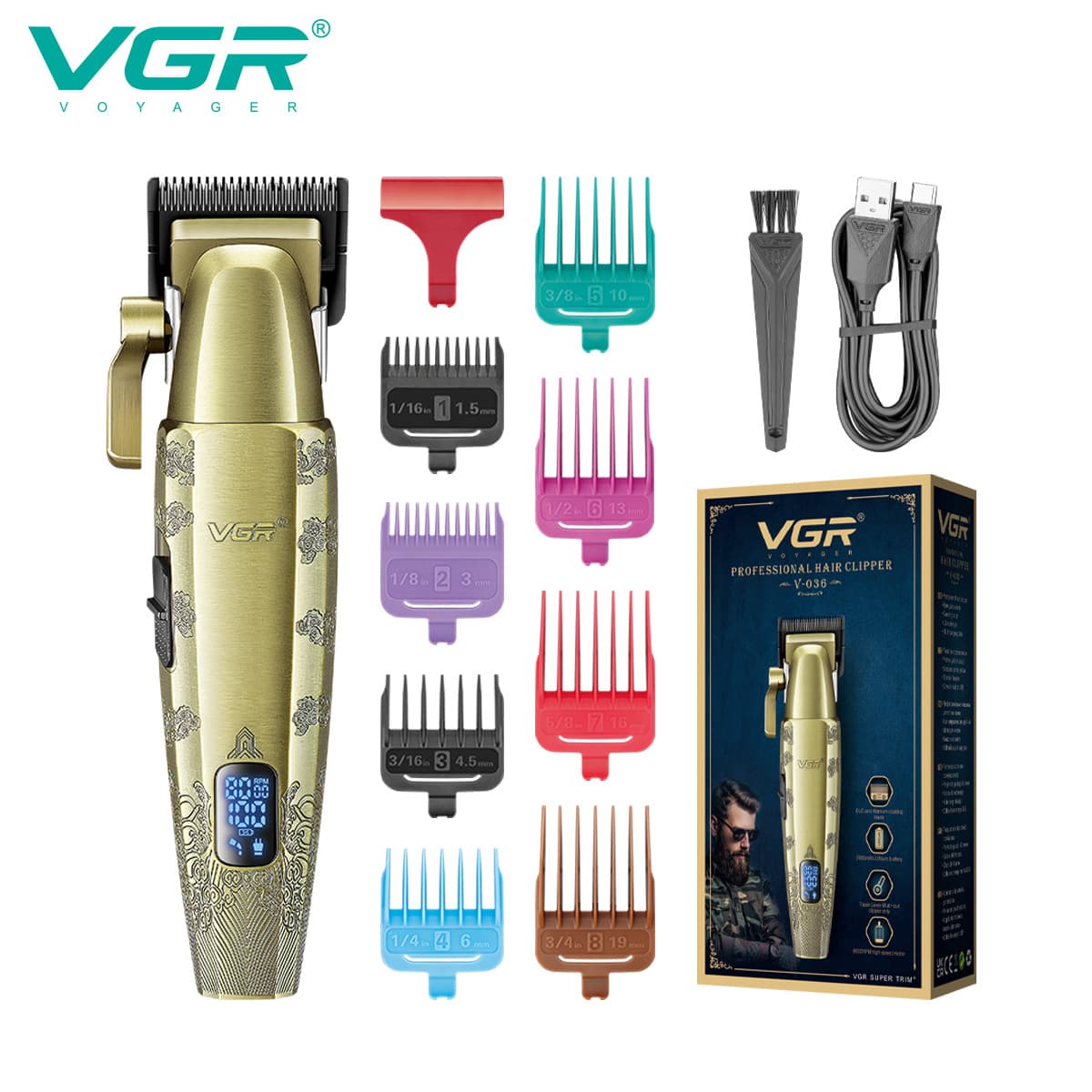 VGR036 Cross-border Metal Hair Clipper Professional Salon Digital Display Electric Trimmer High Power Rechargeable Men's Trimmer