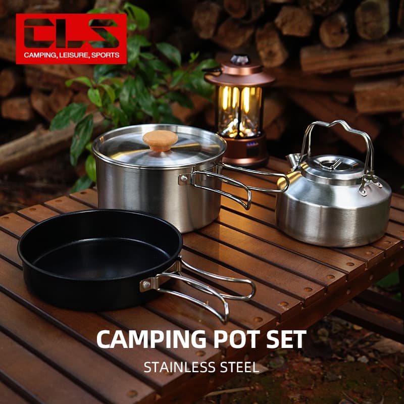 CLS Outdoor Stainless Steel Pot Set Camping Non-Stick Frying Pan Camping Soup Pot Kettle Portable 3-4 Person Cookware