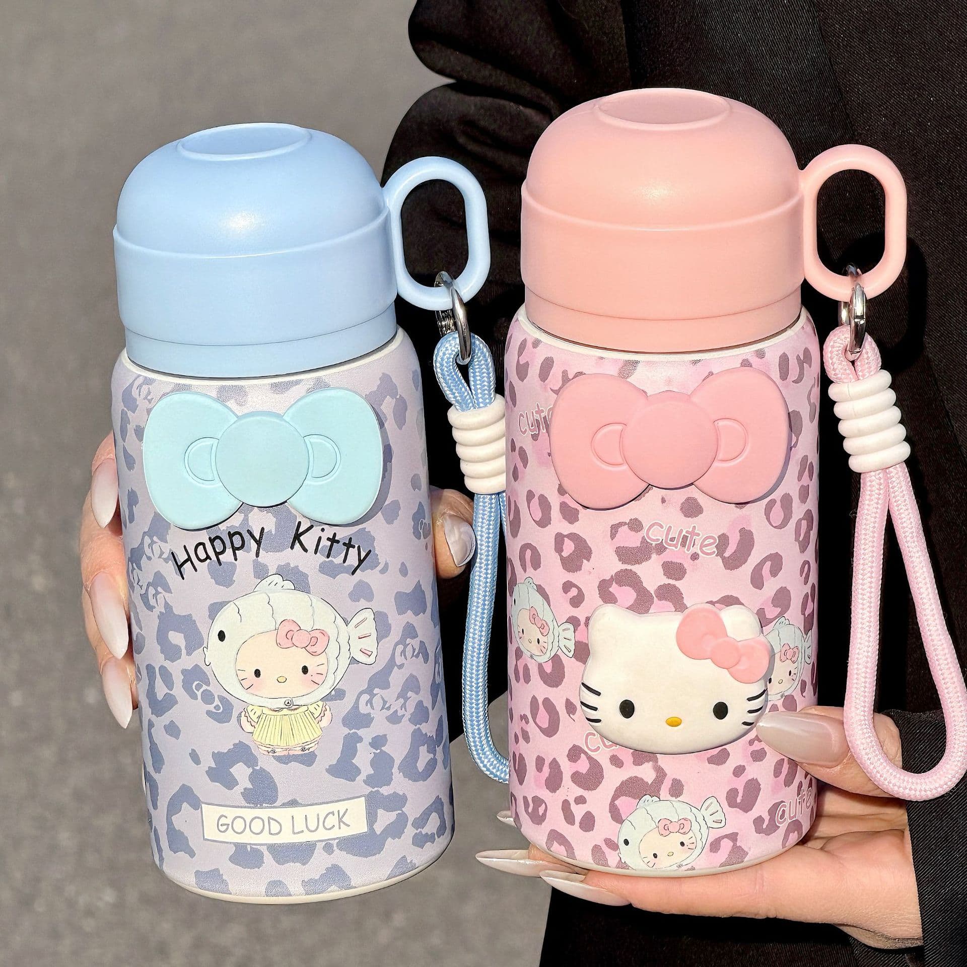 Kitty Cat Thermos Cup New Style Girls Cute Sweetheart Portable Straw Leopard Print Water Bottle Lid Drinkable