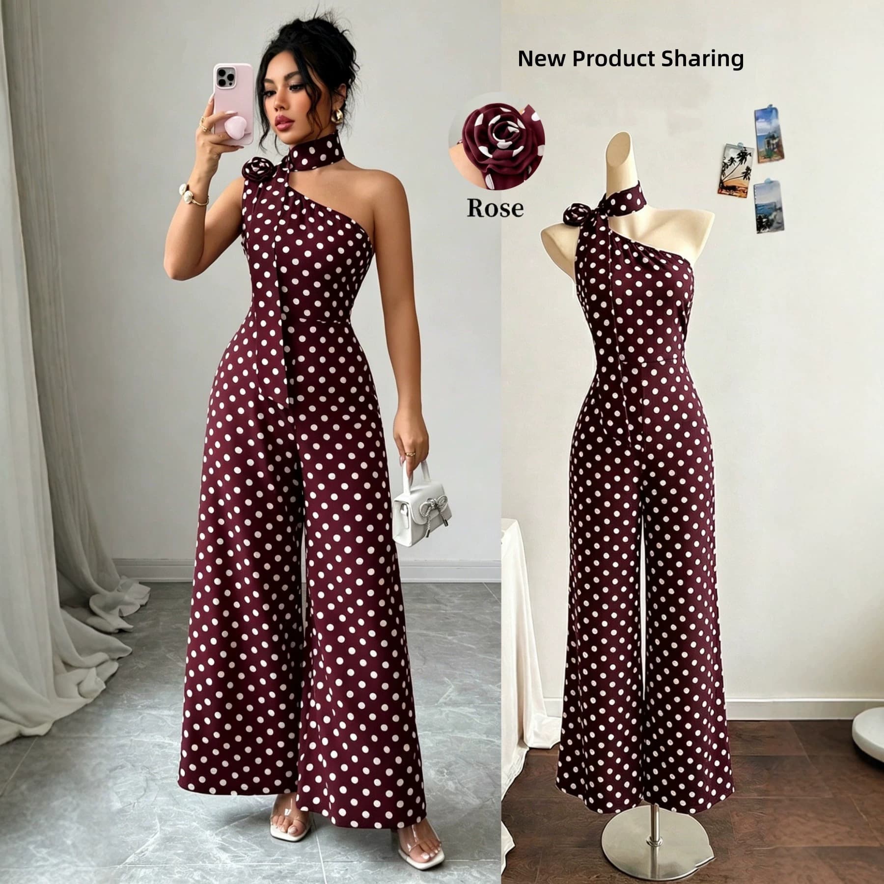 2026 European and American cross-border jumpsuit women's polka dot print one-shoulder backless sexy waist-cinching elegant jumpsuit