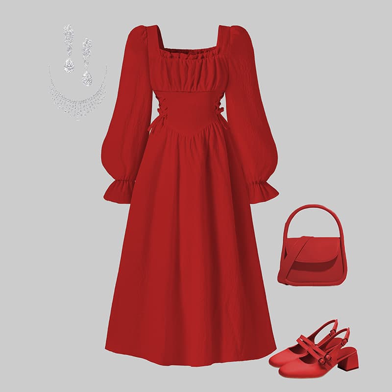 European and American Girls' Spring and Autumn New Square Neck Long Sleeve Bowknot Waist French Elegant Vintage Style Dress