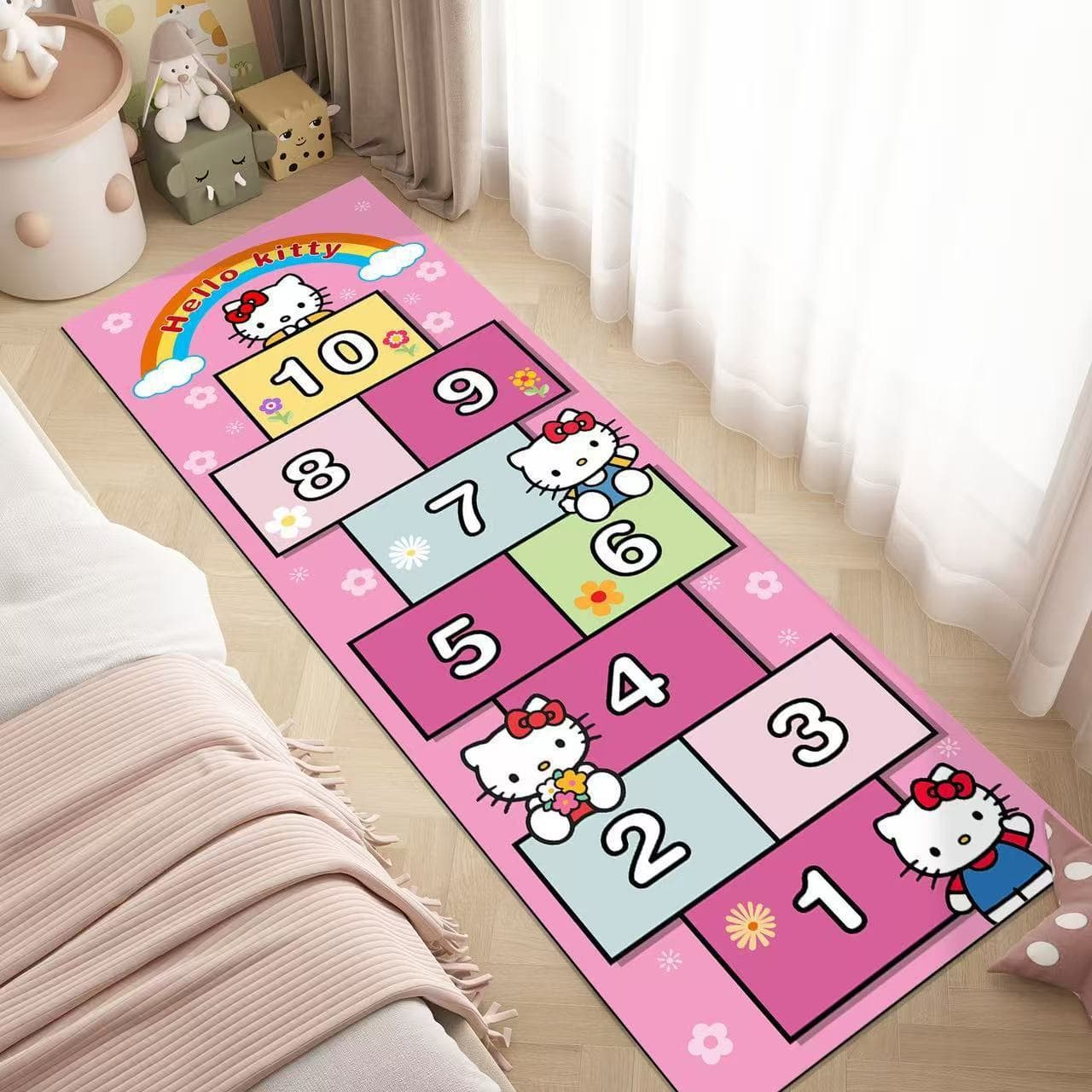 Dopamine Grid Crystal Velvet Long Doormat for Bedroom, Durable and Stain-Resistant Bedside Rug, Easy to Clean Decorative Foot Mat