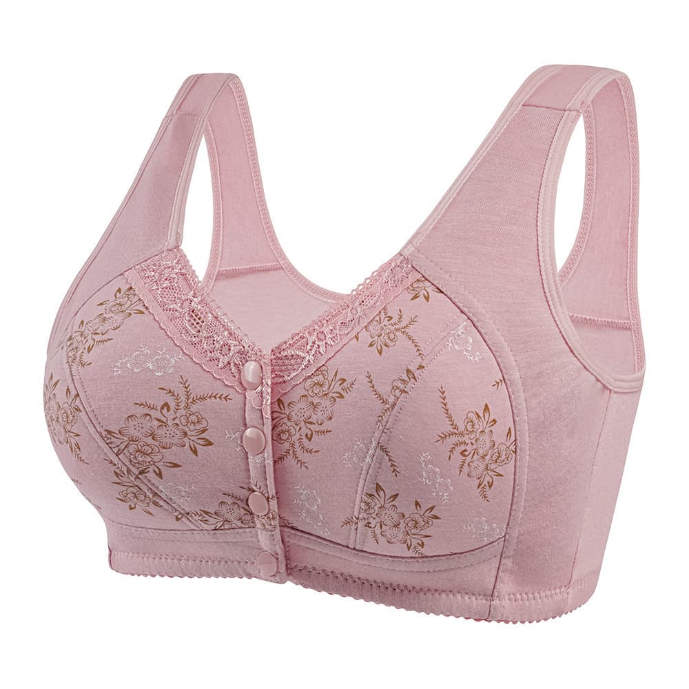 Shaped cup front closure women's printed wire-free wide shoulder strap vest style plus size bra for middle-aged and elderly women