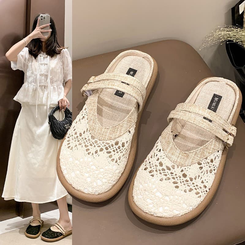 Bohemian Linen Lace Casual Non-Slip Breathable Plus Size Ethnic Linen Lace Casual Flat Slippers Women