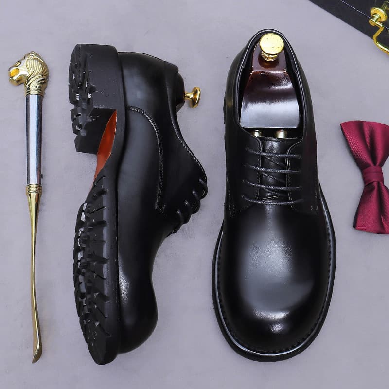 New Fashionable Cowhide Thick-soled Genuine Leather Men's Shoes Wedding Shoes Formal Derby Work Comfort Large Round Toe Cowhide Shoes for Men