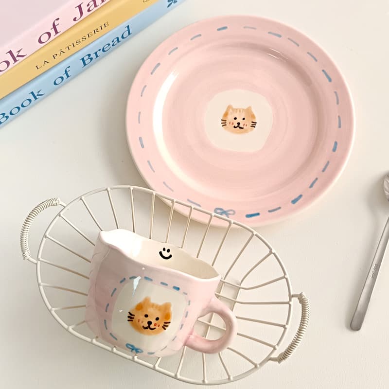 ins cute hand-painted underglaze kitten ceramic mug pink girly heart coffee cup and saucer dessert breakfast plate