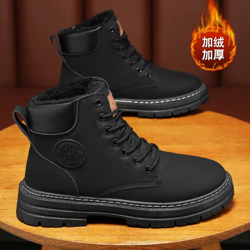 Autumn Winter New Fleece-lined Martin Boots Men's British Style Large Yellow Boots Versatile Casual Trendy High-top Leather