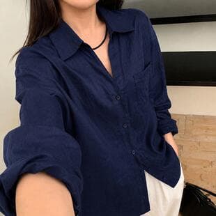 French Vintage Navy Blue Notched Collar Linen-Like Long Sleeve Shirt for Women, New Summer Loose Fitting Slimming Top