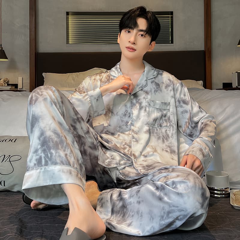 Ice Silk Pajama Set for Men Spring Autumn 2026 New Long Sleeve Pants Thin Men's Plus Size Loungewear