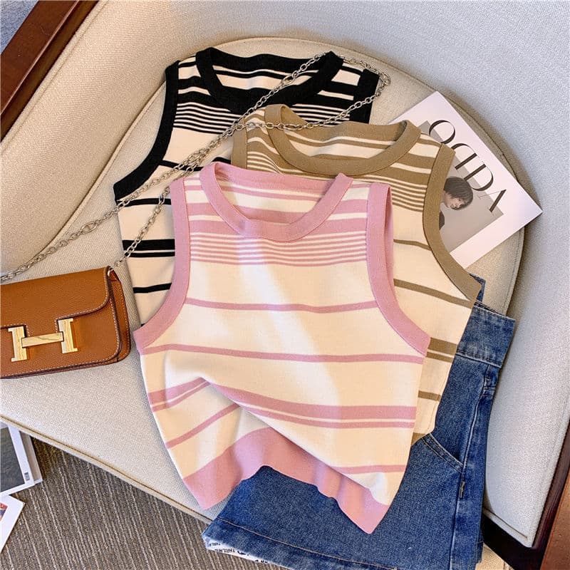 French Sweet and Spicy Striped Sleeveless Knit Top for Women, New Summer Short Casual Blouse