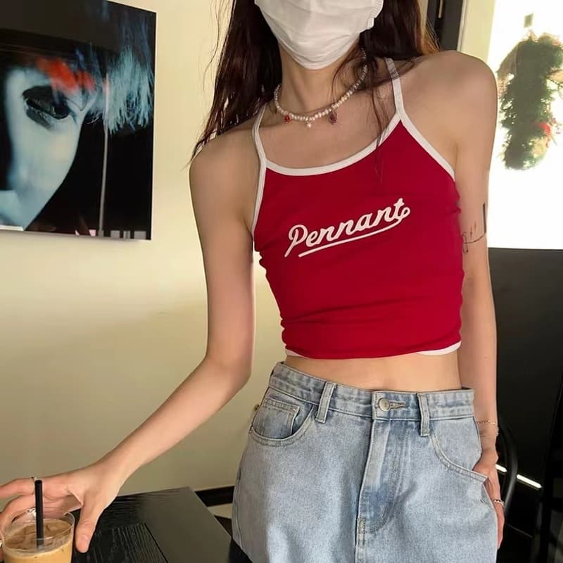 [Official Image Original Fabric] Letter Print Small Strap Top for Women, New Summer Style, Backless Sleeveless Vest, Short Top