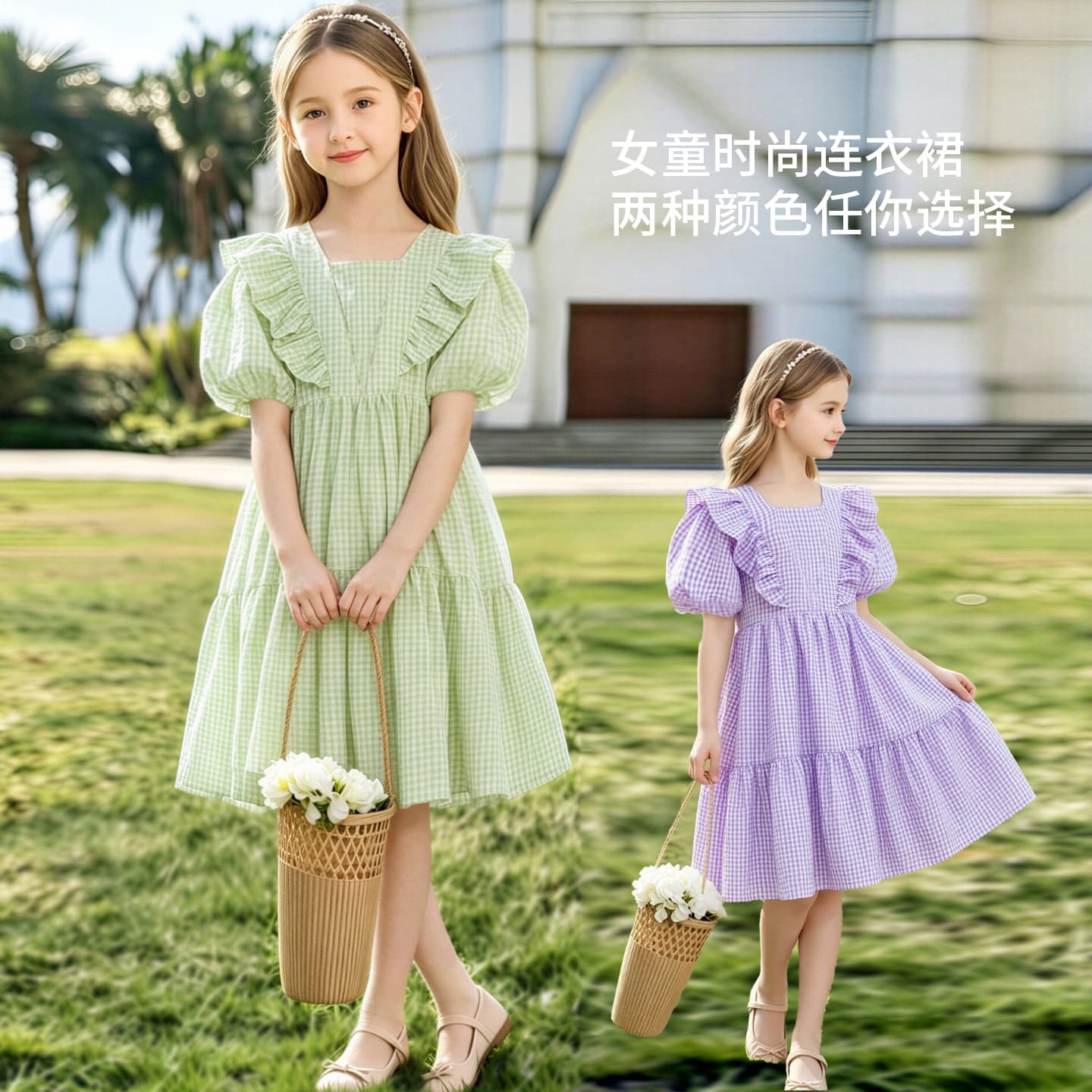 Girls Dress Summer 2026 New Fashionable Beautiful Girl Puff Sleeve Cotton Skirt Preppy Style Princess Dress