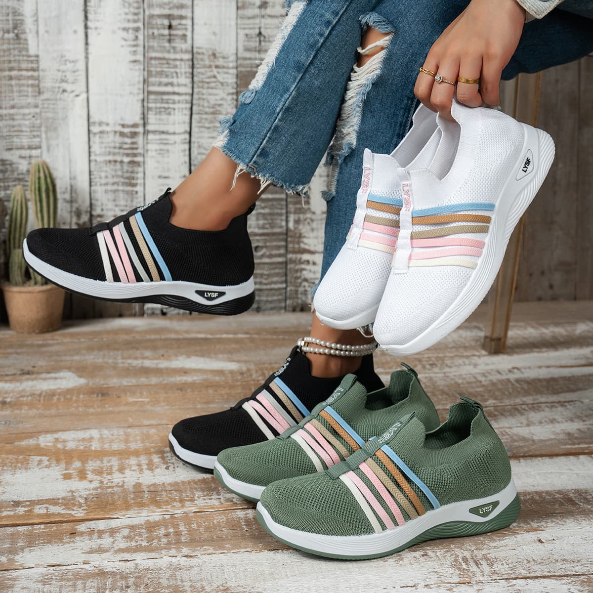 Cross-border large size women's shoes slip-on casual shoes fly-woven breathable single shoes colorful rope decoration outdoor sports shoes small white shoes