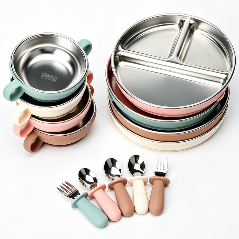 Stainless steel silicone compartmented dinner plate, children's knife, fork and spoon, infant and toddler eating training tableware, student three-compartment plate