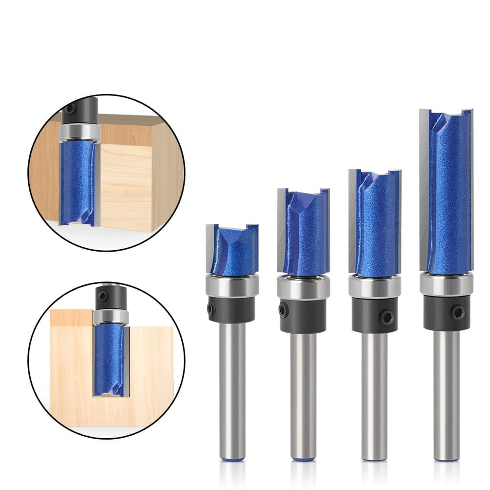 Slotted Tungsten Carbide Straight Router Bit Woodworking Milling Cutter, Trimmer Machine, Imperial 1/4" Shank, 6 Shank Double Bearing Template Bit