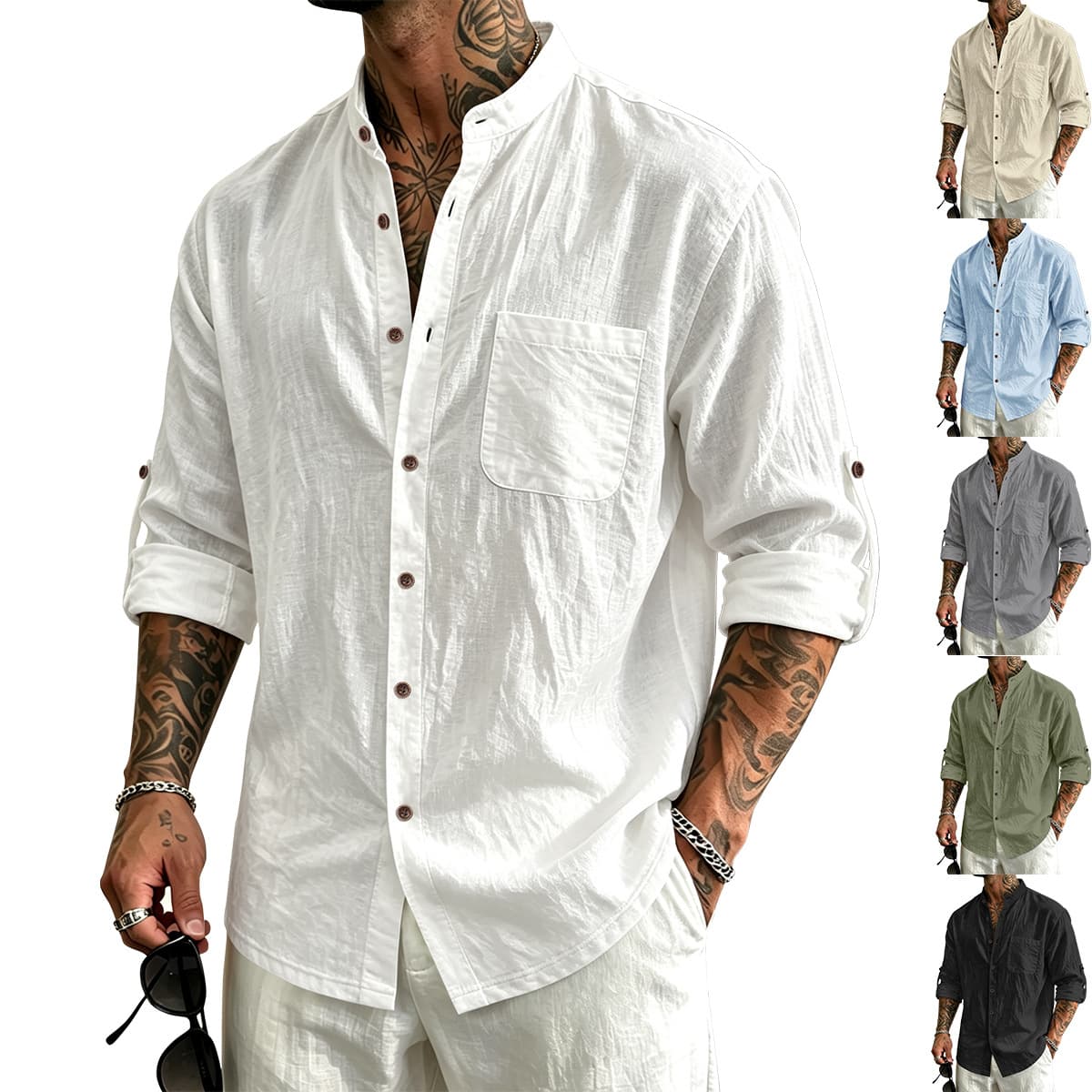 Men's Casual Long Sleeve Linen Shirt Breathable Stand Collar Hawaiian Style Comfortable Lightweight Men's Fashion Top