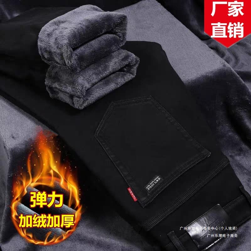 Men's Fleece-Lined Thickened Stretch Straight-Leg Casual Jeans, Winter Cotton-Padded Warm Long Pants, Fashion