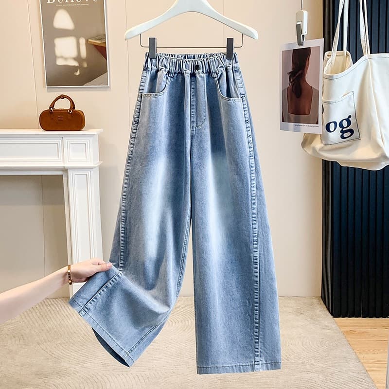 Real Shot Plus Size Split Wide Leg Jeans Women Washed Straight Leg Thin Loose Deconstructed Slimming Long Pants