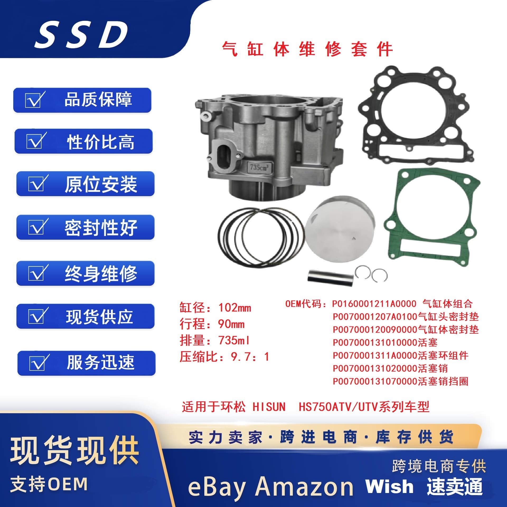 HISUN HS750UTV/ATV Cylinder Block + Piston + Piston Rings + Piston Pin Kit Compatible with Ring Pine SSD Brand 750cc Piston Cylinder