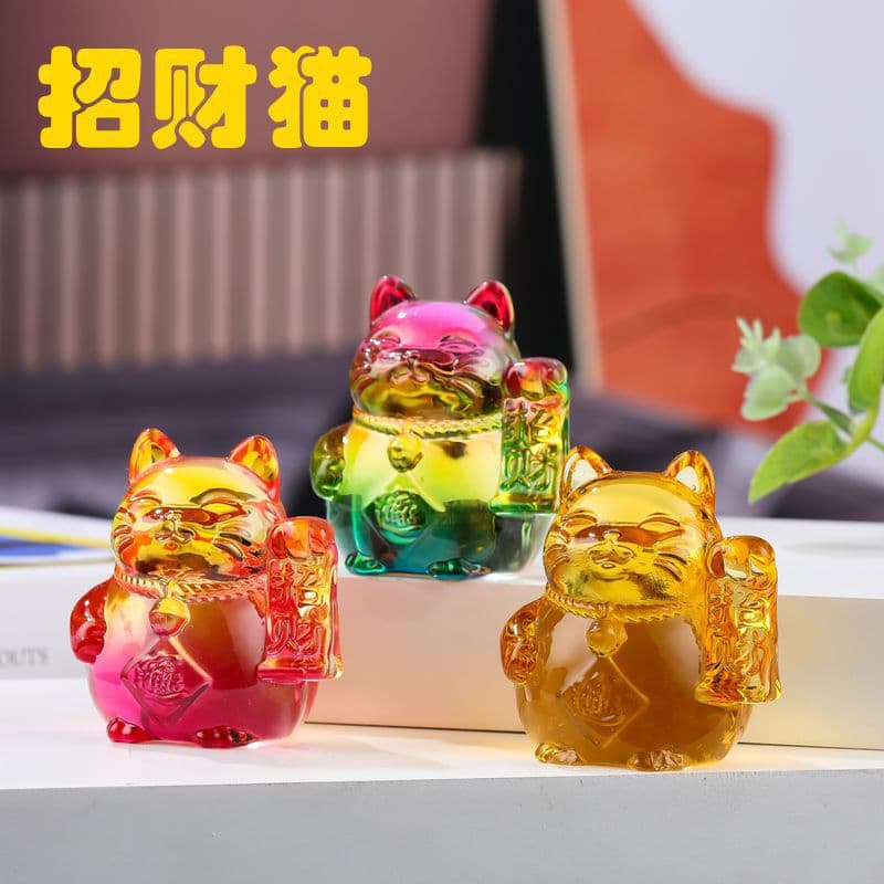New Glazed Maneki-neko Figurine for Shop Counter/Checkout Display, Home Decor Yellow Crystal Lucky Cat Ornament