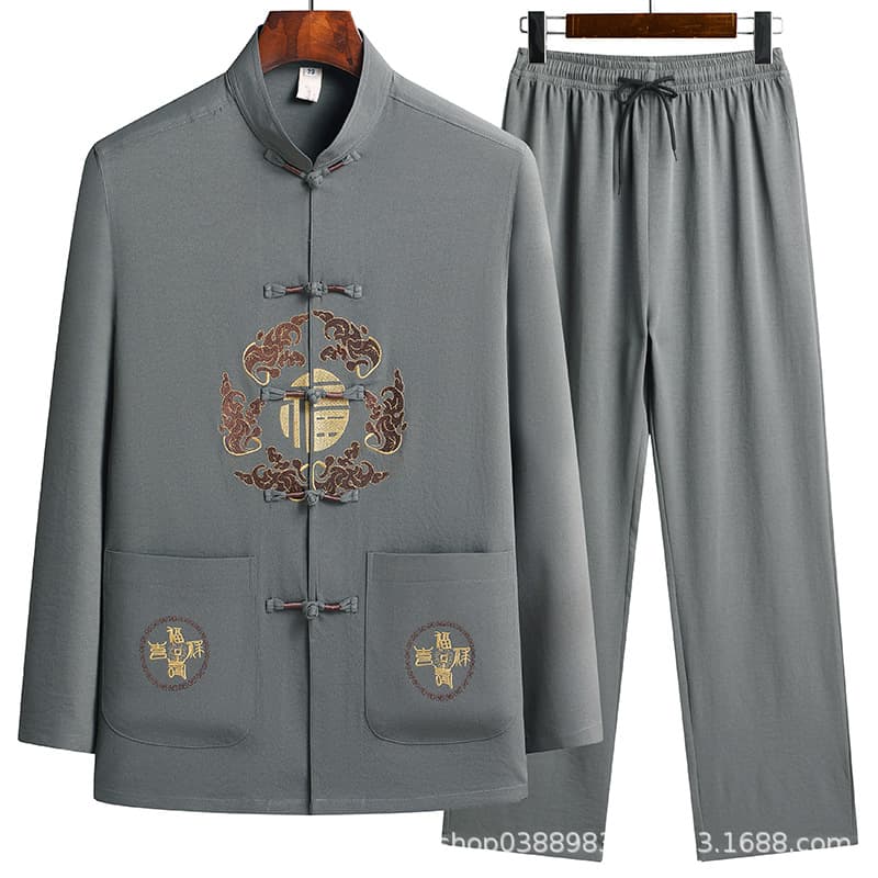 Long-sleeve Tang Suit for Men, Spring/Autumn Long-sleeve Shirt, Middle-aged and Elderly Grandpa Tang Suit Set, Hanfu Morning Exercise Suit Set for Men