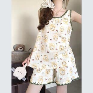 Ins Style Cloud Cotton Vest and Shorts Pajama Set for Women, Summer Cartoon Sweet and Cute Student Loungewear Set