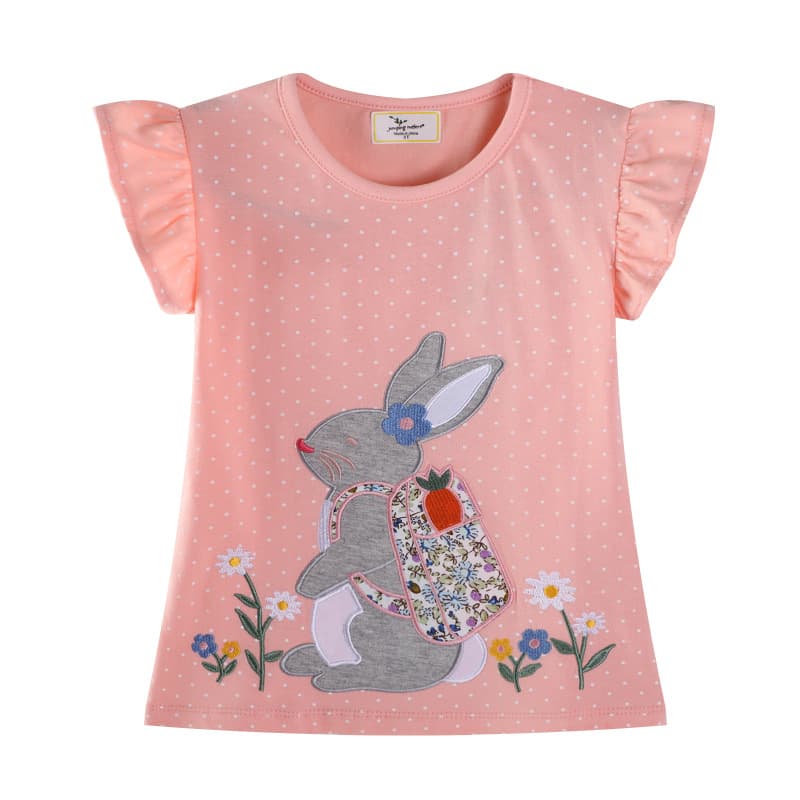 Girls Short Sleeve T-Shirt 2026 New Summer Kids Loose Fit Flutter Sleeve Pure Cotton Children's Summer T-Shirt