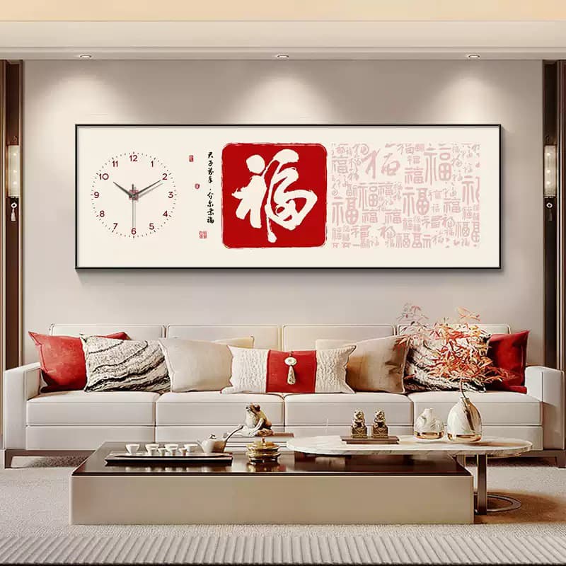 New Chinese Style Living Room Decorative Painting with "Fu" Character, Wall Art with Perpetual Calendar and Clock, Illuminated Wall Decor for Sofa Background Wall