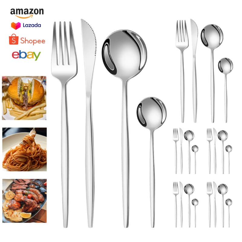 Cross-border handle Portuguese stainless steel knife, fork, spoon, tableware four-piece set, 24pcs dessert spoon, fork, steak knife