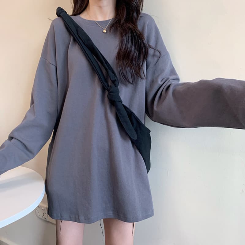 Hong Kong Style Side Slit Round Neck Loose Long Sleeve Women's Top Ins Women's Mid-Length Solid Color Base Layer Shirt Autumn Clothing