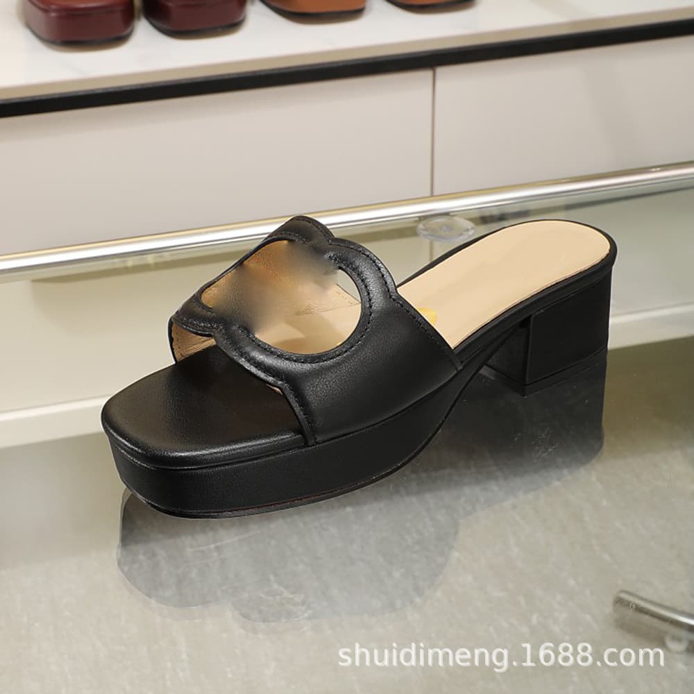 2025 Slippers Slides European and American G-brand High-heel Genuine Leather Slippers for Women with Platform Thick Sole