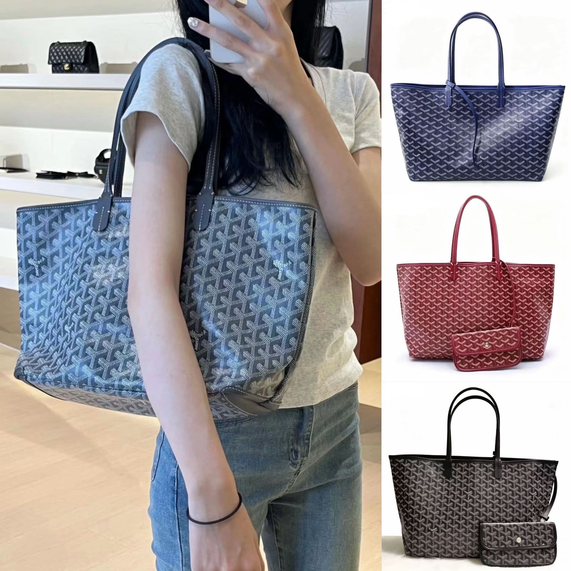 Cross-border Goyard-style dog-tooth tote bag Y-print shopping bag large capacity parent-child bag multi-color available mixed batch