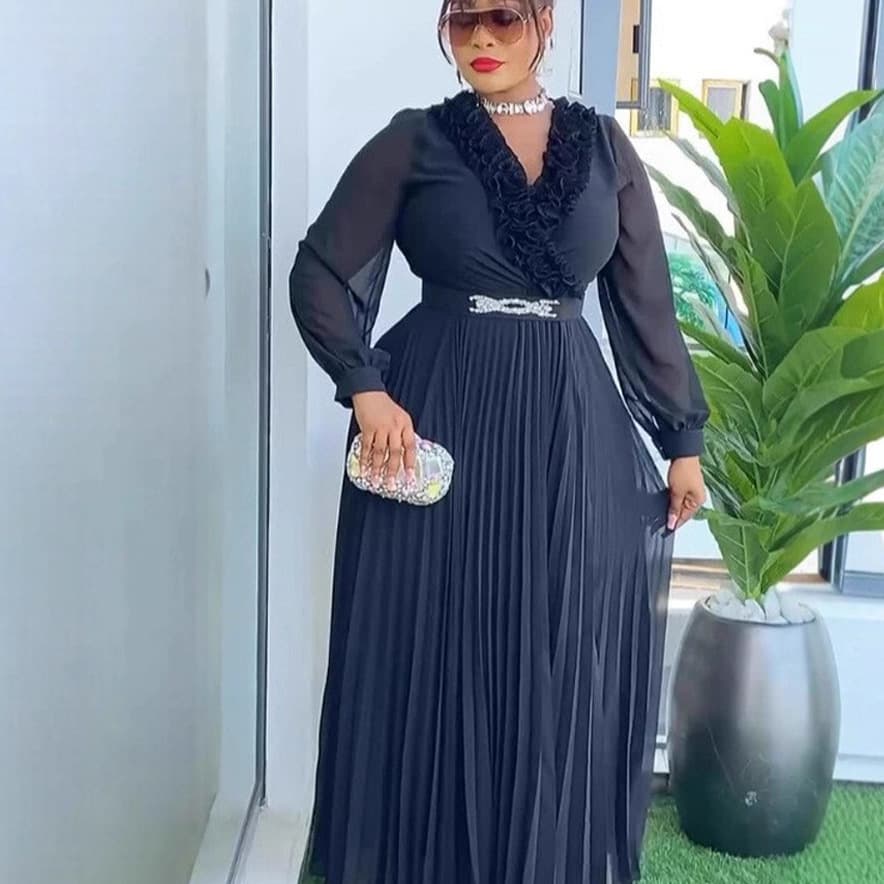 Plus Size Women's Black Ruffle V-Neck Pleated Long Dress with Rhinestone Belt Elegant Banquet Dress Dresses
