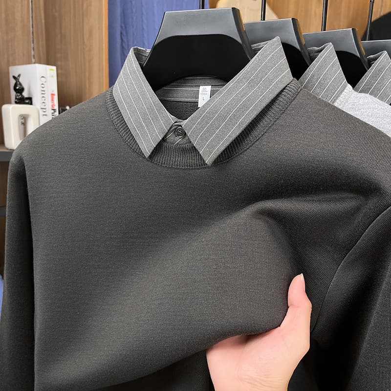 Men's Winter Wool Knit Layered Look Middle-aged Youth Casual Solid Color Versatile Base Layer Men's Warm Fleece-lined Sweater