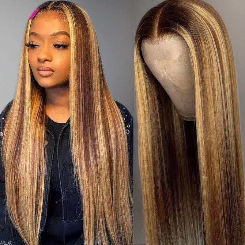 New European and American Style Gradient Brown Gold Long Straight Hair Wig for Women Rose Net Wig Cap High Temperature Silk Hair