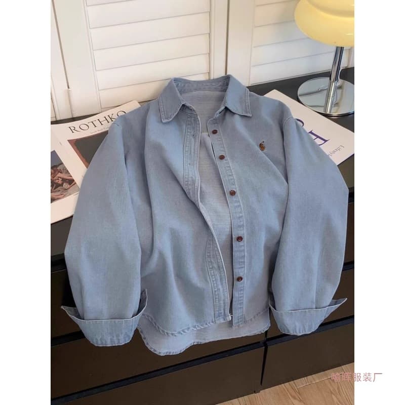 Vintage Denim Embroidered Shirt Jacket for Women Spring Summer New Loose Design Sense Niche Versatile Layering Shirt Outerwear