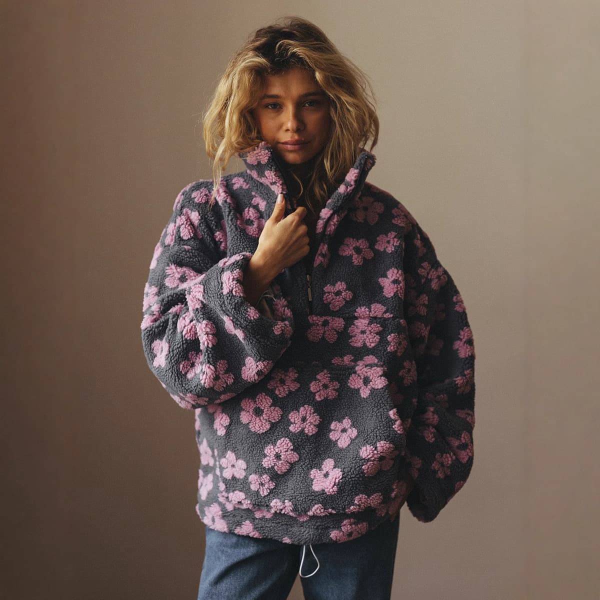 Cross-Border Fleece Floral Sweatshirt 2025 Fall/Winter New Fashion Warm Fleece Sweatshirt for Women