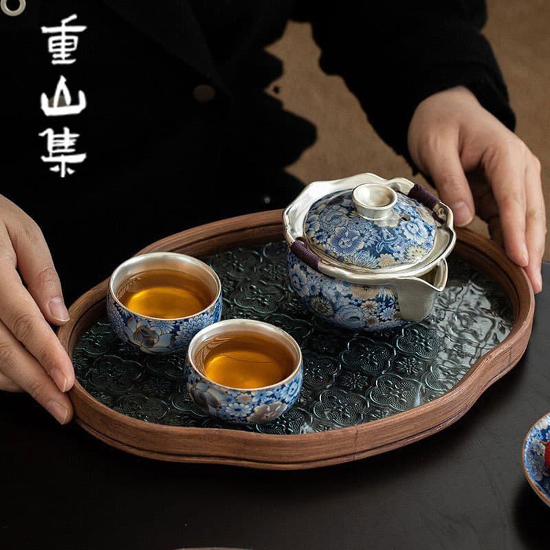 In porcelain blue and white flowers silver hand-held pot teacup high-grade tea set gift box to send teachers and elders leaders to accompany the gift