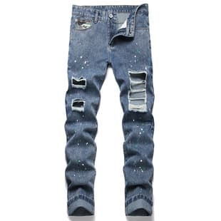 2024 Cross-Border Supply New Stretch Knee Ripped Patch Personalized Paint Dot Jeans Men Camo Jeans