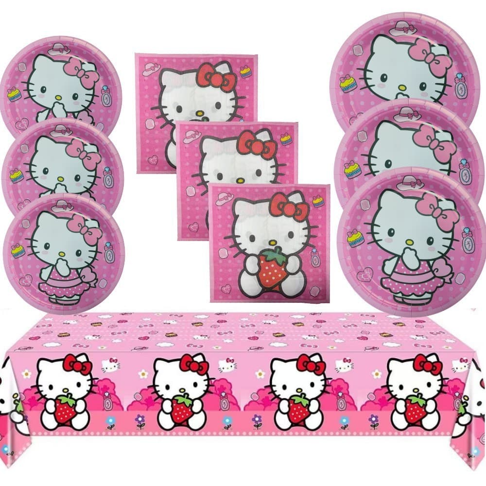 New strawberry kt cat birthday theme party decoration set tissue paper plate strawberry hello kitty printed tablecloth