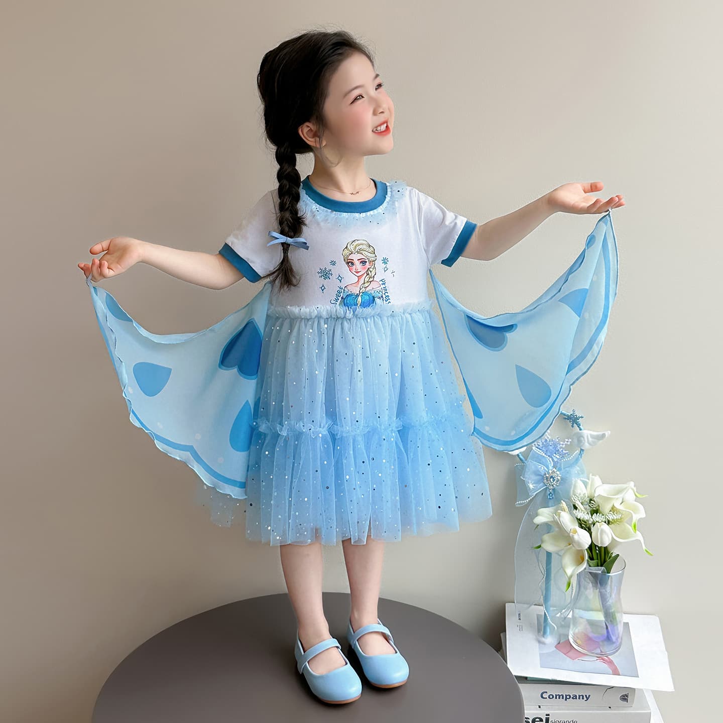 Girls Summer Elsa Princess Dress 2026 New Summer One-Year-Old Dress Baby Girl Wings Veil Skirt
