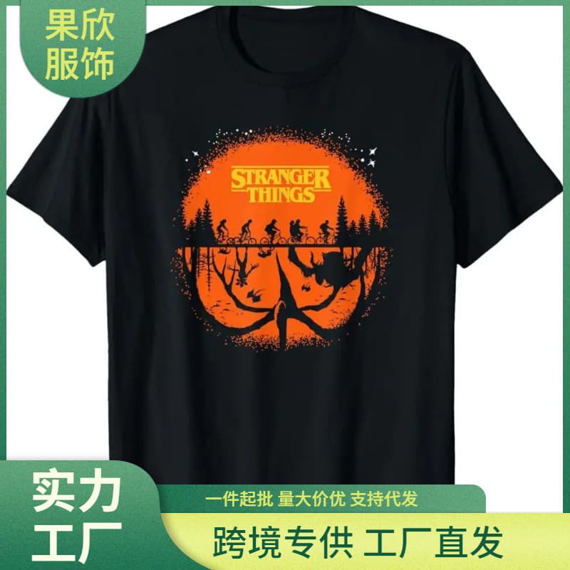 Stranger Things Distressed Graphic Tee Black Cotton Short Sleeve T-Shirt With Orange Character Design Comfortable Suitable For Leisure