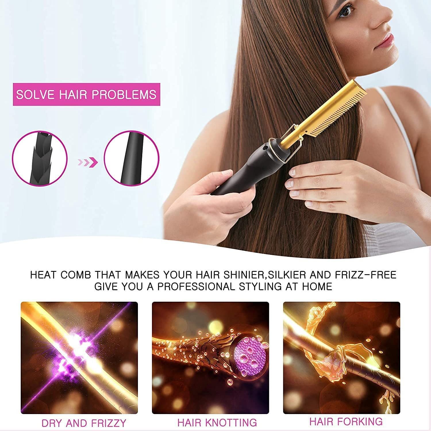 Straightening and Curling Comb, Wet and Dry Use, Electric Copper Comb, Multifunctional 2-in-1 Hair Straightener for Home
