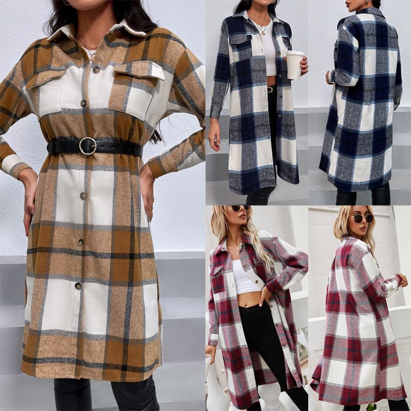 Cross-border European and American Casual Plaid Lapel Single-Breasted Trench Coat, Export Mid-Length Checkered Shirt Jacket Top for Women