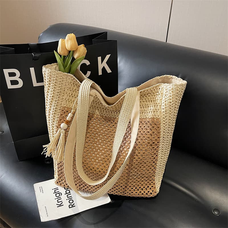 Cross-border new style lazy style seaside shoulder tote bag holiday woven bag women's hollow large capacity women's handbag