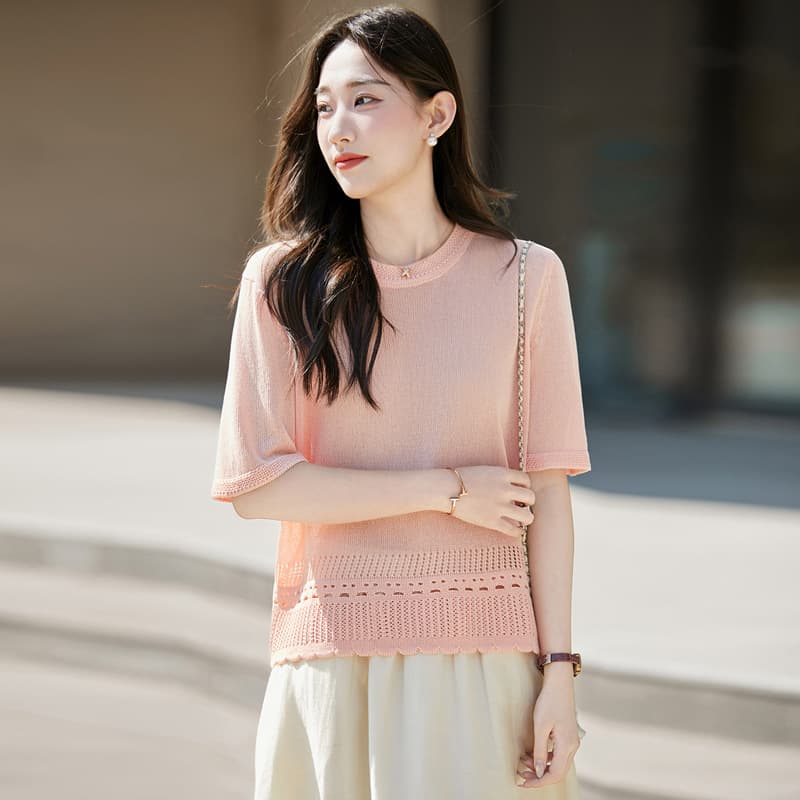 2026 New Hollow Out Solid Color Knitted Short Sleeve T-Shirt for Women Summer Thin Ice Silk Base Layer Plus Size Women's Top