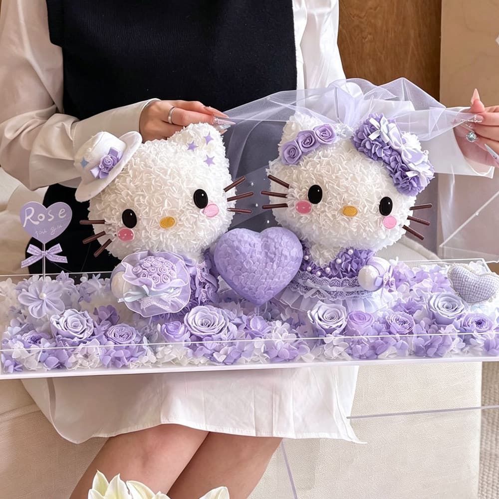 Preserved flower Kitty cat flower box couple rose bouquet Chinese Valentine's Day birthday gift for girlfriend bouquet gift box decoration