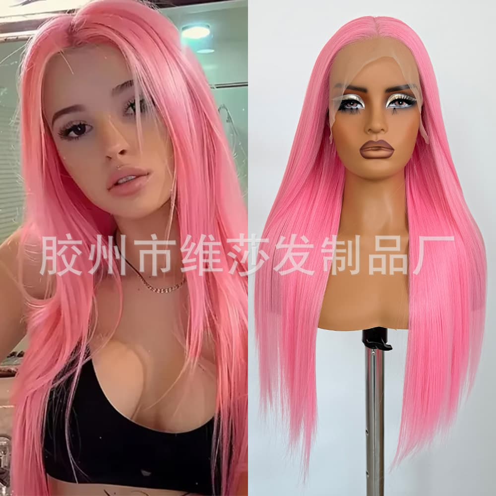 Pink Long Straight Wig for Anime Cosplay, Lace Front High-Temperature Fiber Full Wig for Women, 13x4 Hand-Tied, Factory Direct