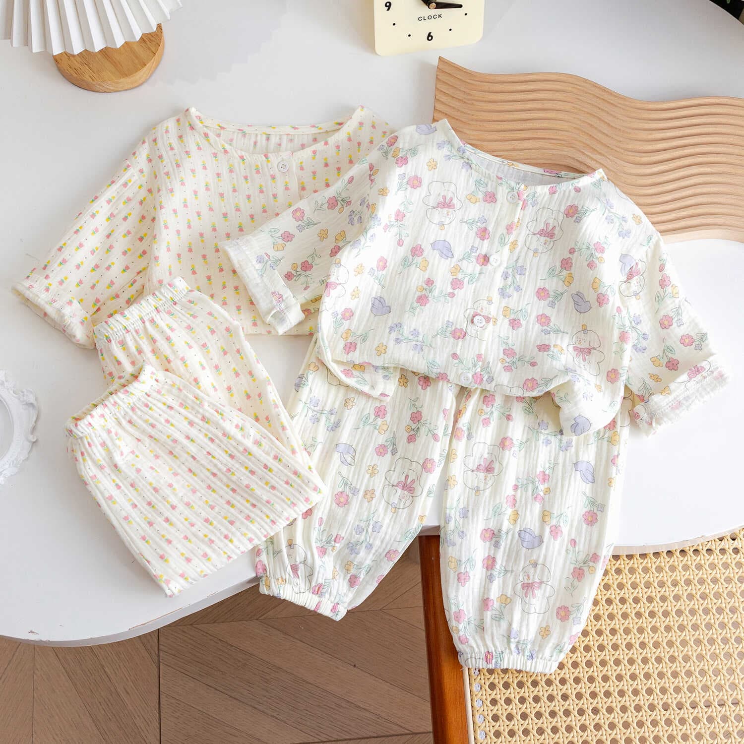 New Cotton Gauze Floral Pajama Pants for Girls, Summer Breathable and Sweat-Absorbing Air Conditioning Wear for Baby