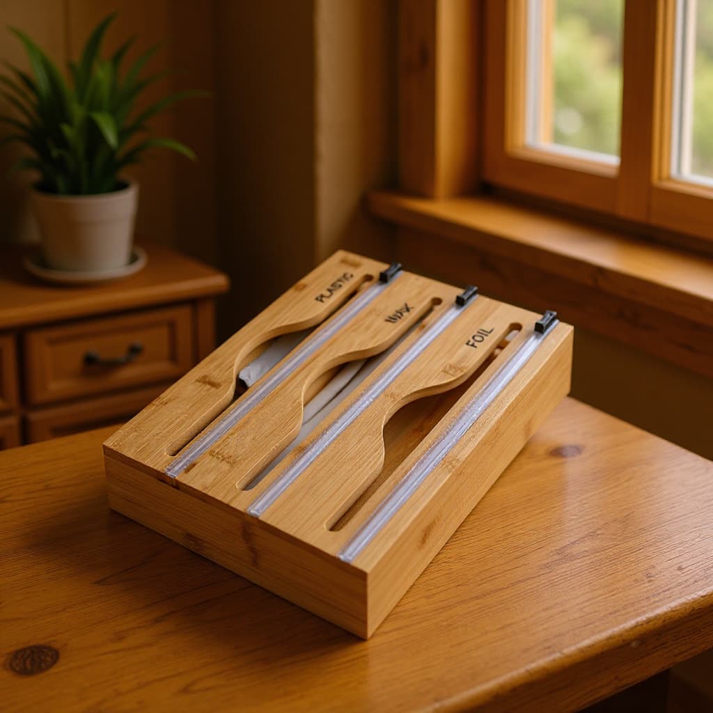 New Eco-Friendly Bamboo Kitchen Cling Film Cutter, Tin Foil Cutter Storage Box, Wall-Mounted 3-in-1 Storage Box